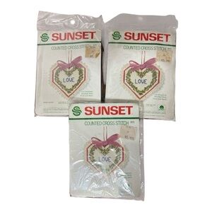 Sunset Designs "Love" Cross Stitch Christmas Ornament Kit Set of 3 NIP